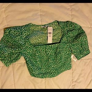 Green leopard print top shop cropped blouse puff sleeve